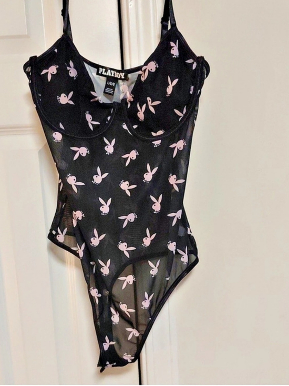Playboy Bunny All-Over Print Mesh Bodysuit Black & Pink Large